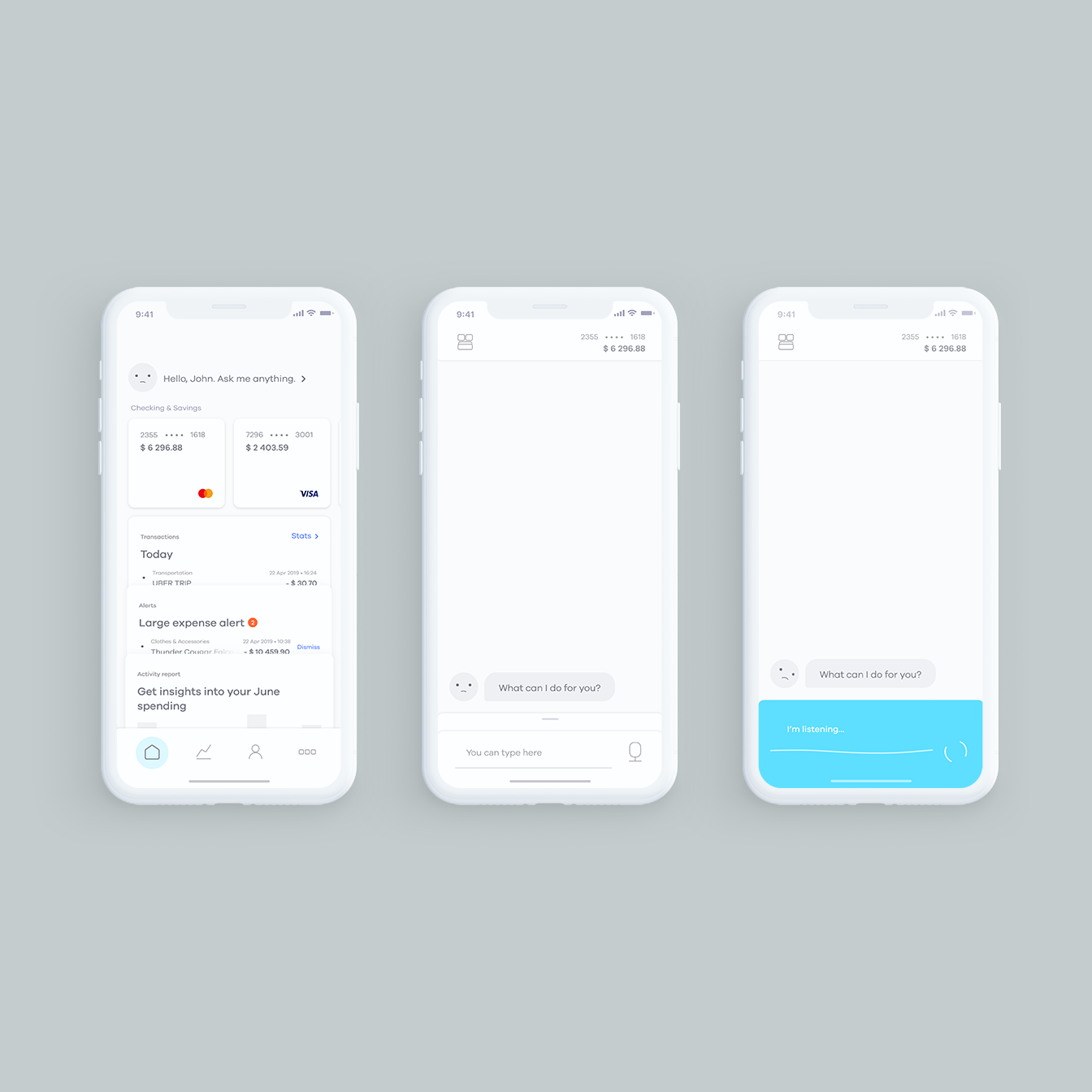 Prismo banking assistant on three mobile screens