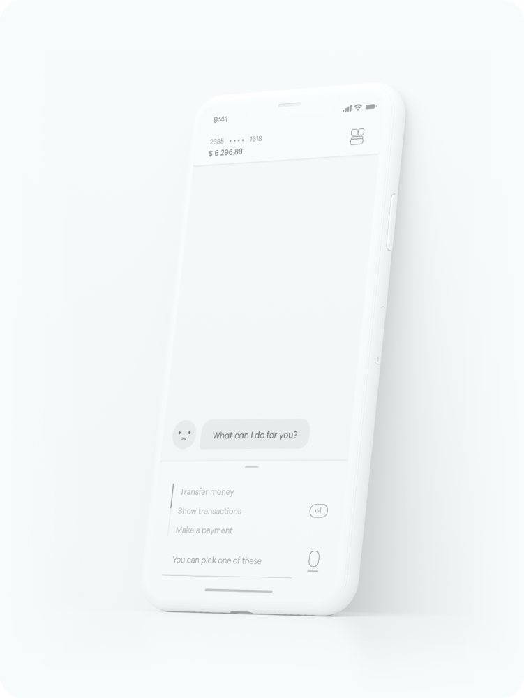 Prismo banking assistant mobile interface with a voice interaction prompt