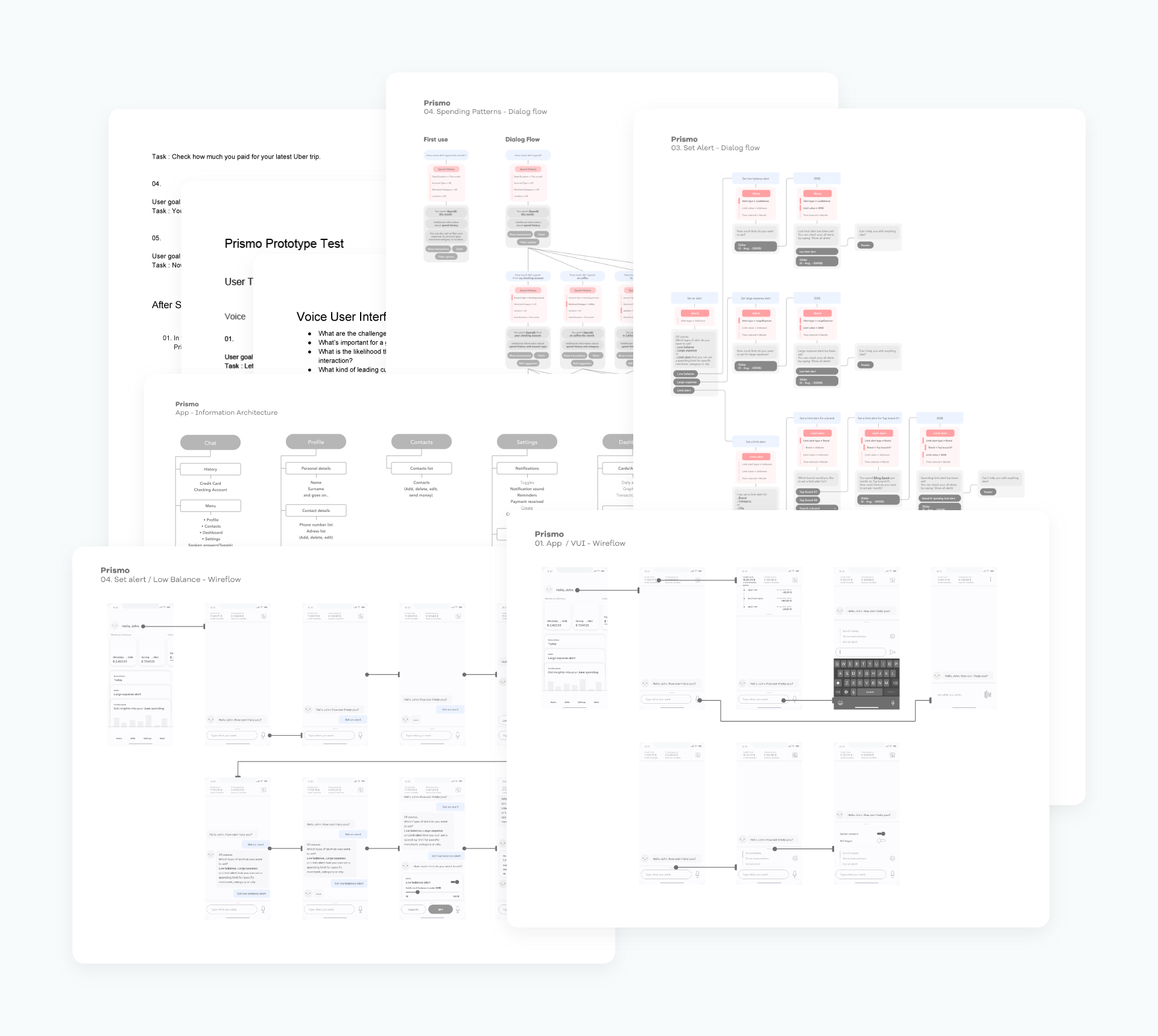 Prismo research and design board with conversation flows and mobile wireframes